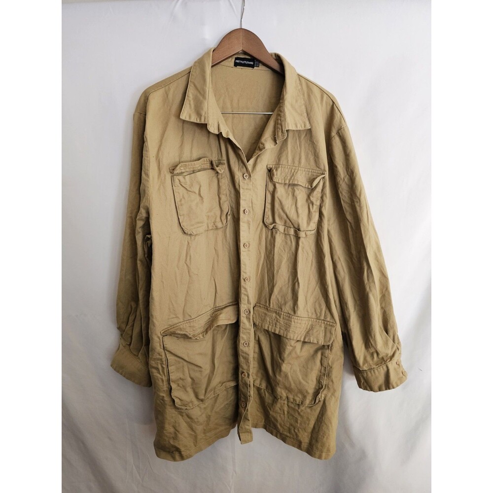 Pretty LittleThing Plus Oversized Khaki Shirt Jacket Shacket Utility Cotton 2X *